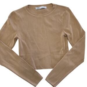 Zara‎ Sweater Womens Medium Tan Brown Crew Neck Ribbed Knit